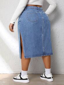 SHEIN CURVE+ Plus Size Summer Casual Side Slit Denim Mini Skirt - Medium Wash - View 2