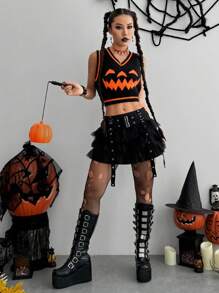 Flirla Chaleco informal sin mangas con estampado de calabaza para mujer, ropa de Halloween