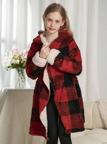 SHEIN Meisjes Casual Warm 2024 Kerstmis & Nieuwjaar Plaid Fleece Capuchonjack voor Tween