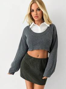 SHEIN Unity 1件女士时尚办公风U领短款长袖针织衫，鱼尾款，灰色，秋冬款 - 灰色 - 查看 1