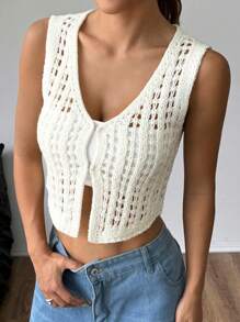 Lyxana Women's Solid Color Hollow-Out Casual Cardigan Sweater Top - White - View 1