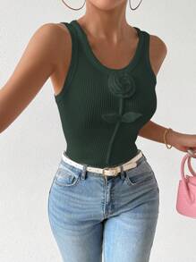 Chiquease Solid Color Floral Applique Crew Neck Casual Tank Top - Dark Green - View 6