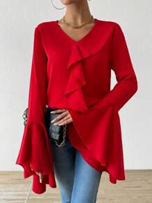 Chiquease Blusa con escote en V con volantes y mangas acampanadas para mujer