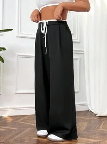 CovetEZ Plus Size Contrast Color Waistband Pants - Black and White - View 6