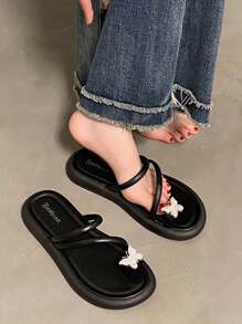 女式黑色凉鞋，带水钻蝴蝶设计，简约时尚，百搭休闲度假圆头平底凉鞋，柔软轻便，防滑，舒适，适合时尚青少年和年轻女性，户外，海滩，夏季 - 黑色 - 查看 6