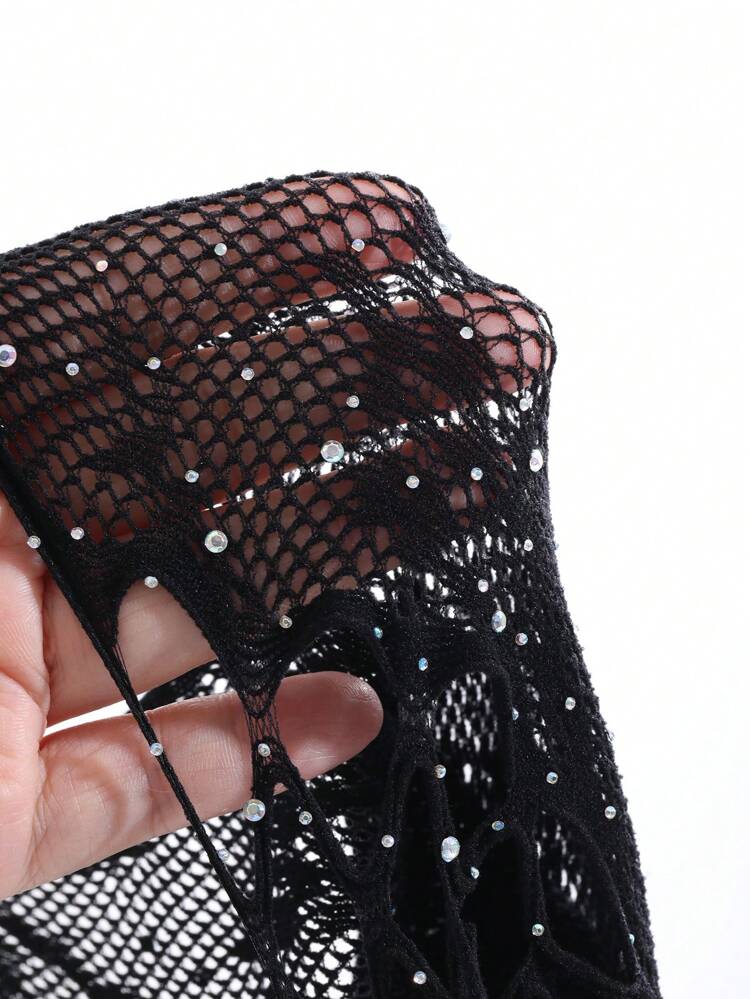 Rhinestone Decor Hollow Out Knitted Bodysuit Lingerie For Women