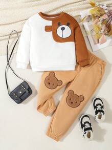 2pcs Young Girls' Cute Teddy Bear Sleeve Splice Sweatshirt And Embroidered Bear Elastic Waist Corduroy Pants Set, Suitable For Spring And Autumn, Daily Play
