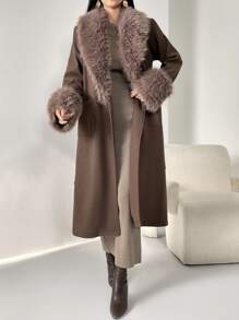 Modelyn Women's Solid Color Fluffy Patchwork Winter Knitted Blend Coat Fall Cloth For Women - Chocolate Brown - View 1