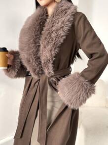 Modelyn Women's Solid Color Fluffy Patchwork Winter Knitted Blend Coat Fall Cloth For Women - Chocolate Brown - View 7