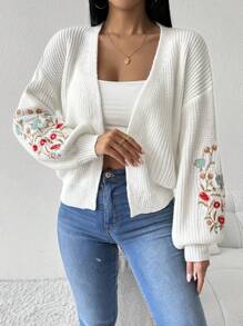 SHEIN ChicEase Floral Embroidery Casual Cardigan - White - View 1