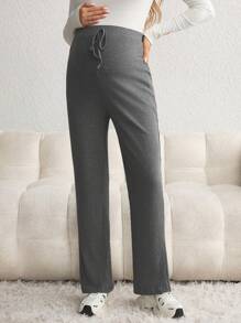 SHEIN 孕妇纯色前系带简约休闲长裤，适合孕妇 - 深灰色 - 查看 5