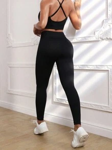 Gameset SHEIN Sport Leggings deportivos de cintura ancha de panal tejido de canalé - Negro - Ver 5