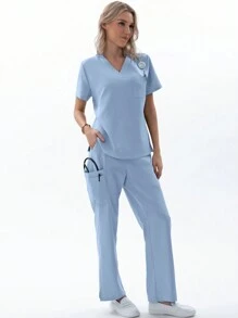 TaskEZ 1 套女士护士制服手术服套装，V 领哑光上衣（带 1 个口袋）+ 背部抽绳弹力哑光裤子（带 4 个口袋） - 淺藍色 - 查看 8