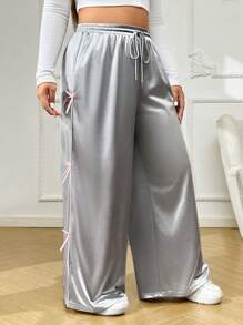 SHEIN EZwear Plus Size Women Solid Color Front Tie Bow Decor Casual Pants - Silver - View 3