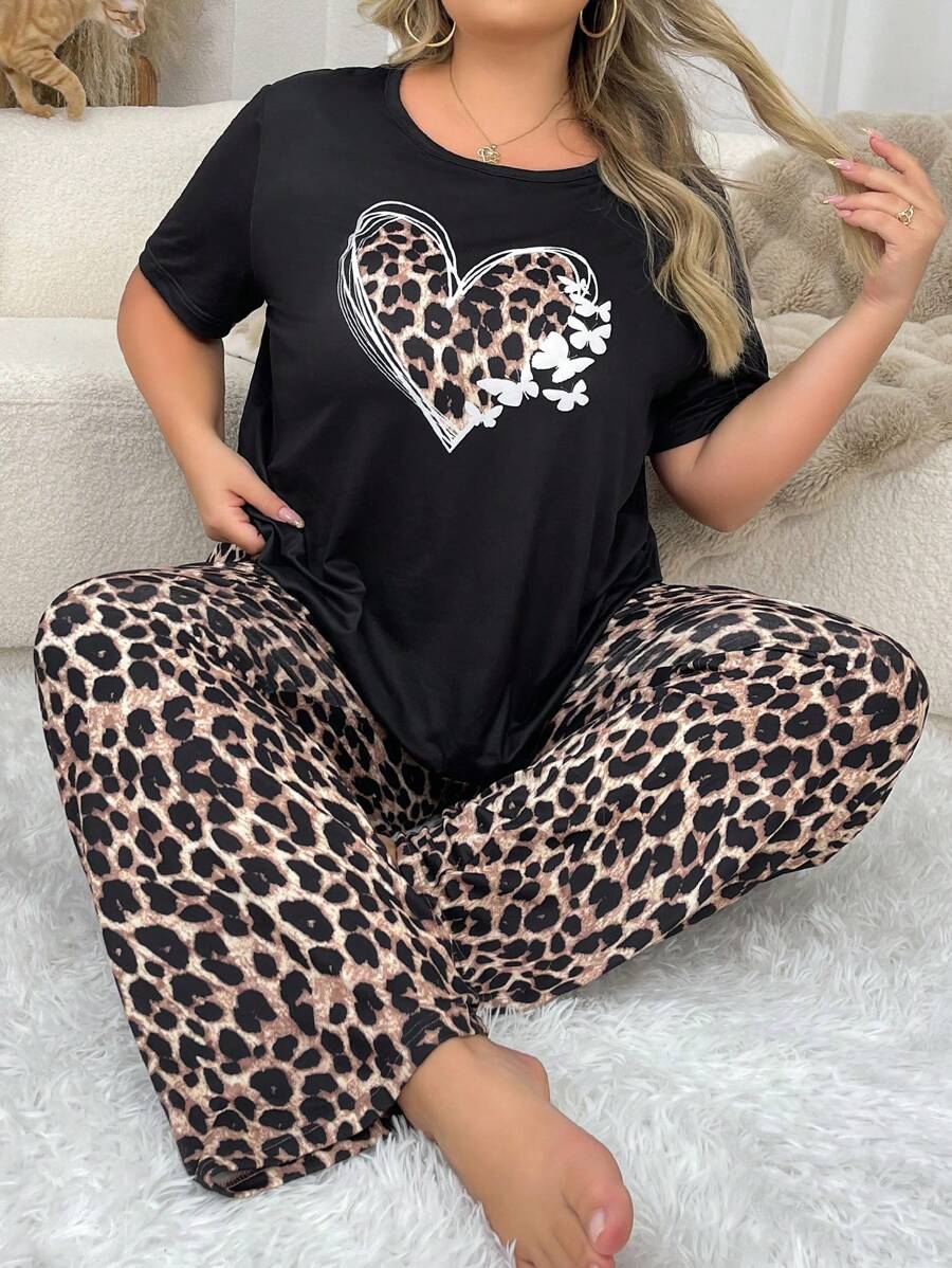 Plus Size Leopard, Butterfly & Heart Print Short Sleeve Pajama Set