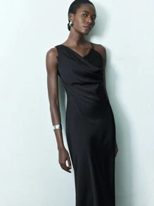 Maija Women Black Lace Patchwork Solid Color Draped Asymmetric Neck Sleeveless Elegant Dress