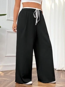 CovetEZ Plus Size Contrast Color Waistband Pants - Black and White - View 3