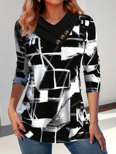 Plus Size Simple Plain Patchwork Front Button Mid-Long Sleeve Top