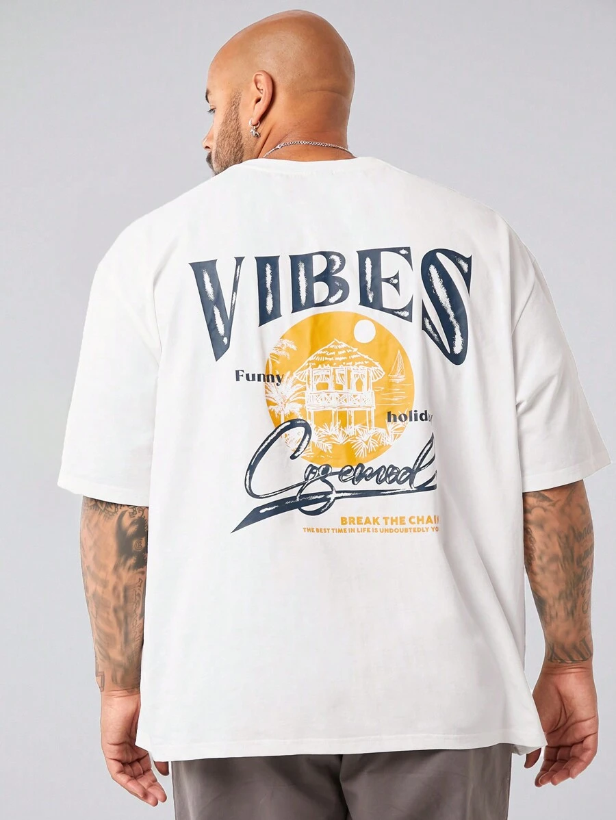 Manfinity VCAY Áo thun tay ngắn cổ tròn in hình cây cọ dáng rộng thoải mái cho nam cỡ lớn, thích hợp mặc hàng ngày vào mùa hè - trắng - Xem 1