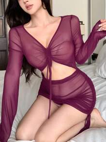 DAZY Sheer Mesh Ruched Front Cutout Sexy Nightgown - Purple - View 4