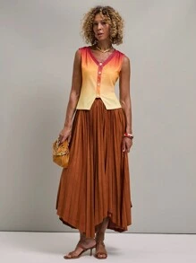 SHEIN Unity Women Solid Color Simple Everyday Pleated Skirt - Rust Brown - View 3