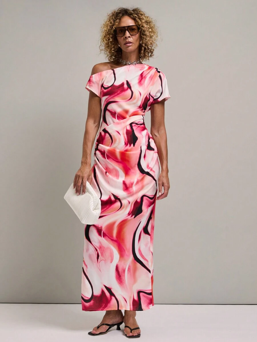 SHEIN Unity 女士时尚扎染不对称领连衣裙，夏季 - 彩色 - 查看 1