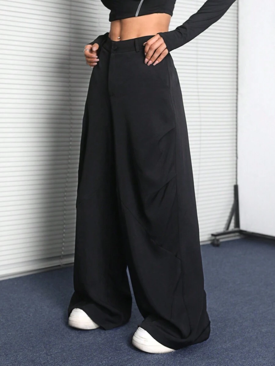 SHEIN EZwear Pantalones de traje de color liso con estilo vintage de vuelta al colegio para mujeres, pantalones versátiles y frescos de estilo callejero - Negro - Ver 1