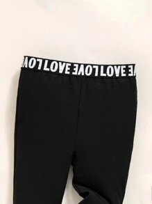 SHEIN 2pcs Baby Girl Cute Letter Print Colorblock Sweatshirt And Elastic Waist Pants Set, Autumn/Winter - Black - View 3