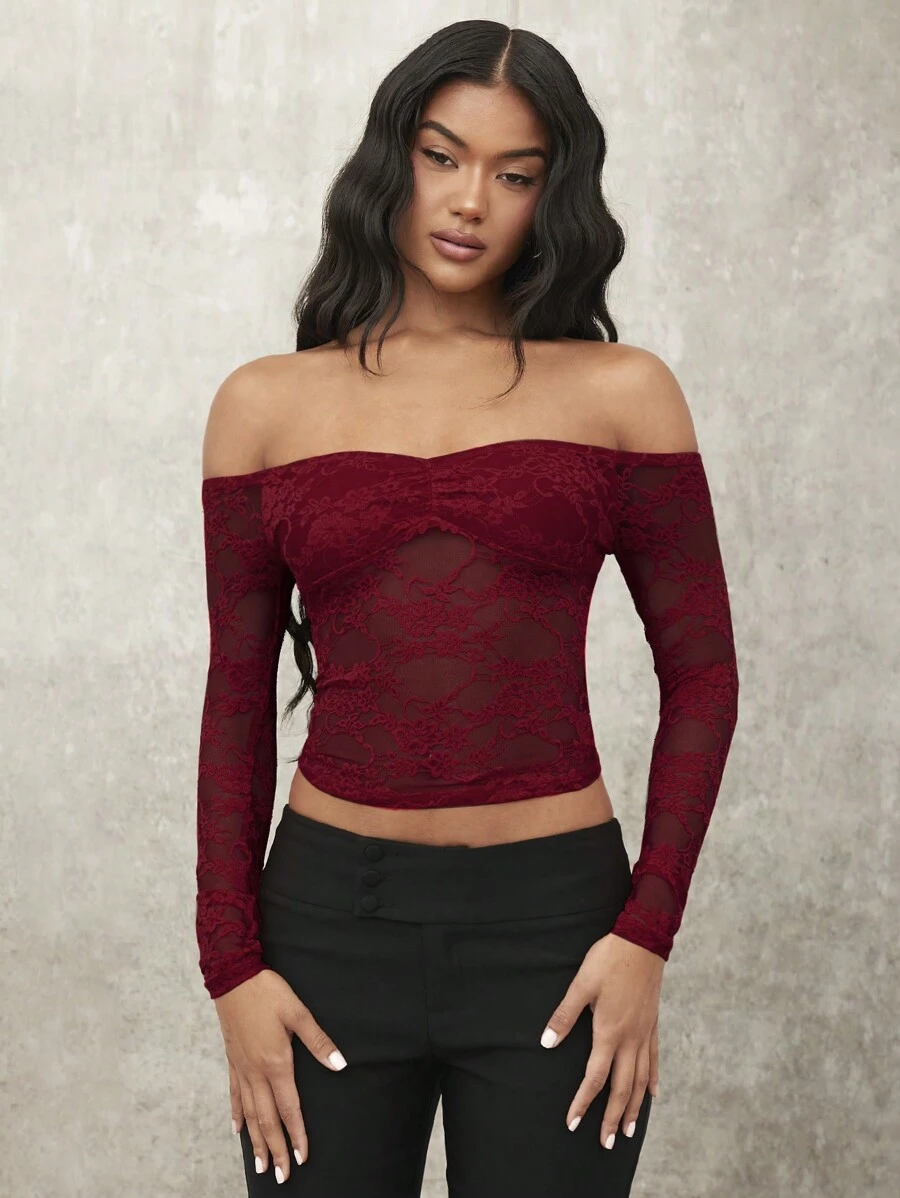 SHEIN BAE 性感浪漫蕾丝边露肩长袖纯色夏季女式上衣 - 酒紅色 - 查看 1