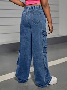 SHEIN Pantalones de carga de pierna recta de cintura alta con lavado de piedra y bolsillos con solapa utilitaria para niñas preadolescentes, conjunto de pantalones de otoño para niñas