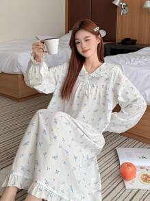 DAZY Ditsy Floral Ruffle Collar Sweet Nightgown Pajama, Moo Moo, Fall, Winter - White - View 5