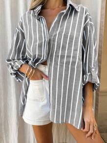 INAWLY Women's Button Front Long Sleeve Striped Casual Loose Fashionable Blouse Women Shirt,Long Sleeve Tops Fall Cloth For Women - Black and White - View 3
