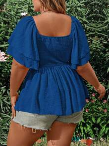 SHEIN SunnyBelle 加大码纯色露背交叉裹身短袖衬衫，夏季荷叶边上衣 - 水鴨藍 - 查看 2