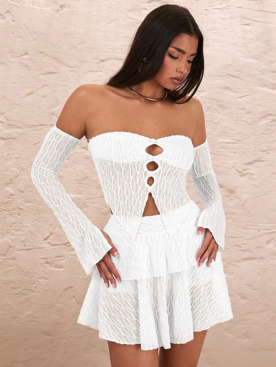 SHEIN BAE White,Summer,Seksi Chic,Club Night Women 2 Pieces Set Off Shoulder Hollow Out Button Slit Hem Top & Asymmetric Ruffle Hem Skirt Seaside Vacation Sweet - White - View 1
