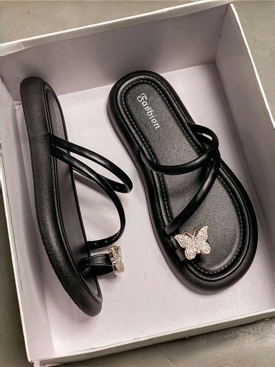 女式黑色凉鞋，带水钻蝴蝶设计，简约时尚，百搭休闲度假圆头平底凉鞋，柔软轻便，防滑，舒适，适合时尚青少年和年轻女性，户外，海滩，夏季
