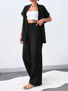 SHEIN Tall 纯色系带简约上衣和裤子套装，休闲日常穿着 - 黑色 - 查看 3