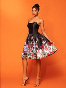 Smilprince Floral Print Empire Waist Puffy Tube Elegant High Society Banquet Dress Prom Semi Formal Wedding Guest Dress, For Birthday, Graduation, Homecoming Party Dress