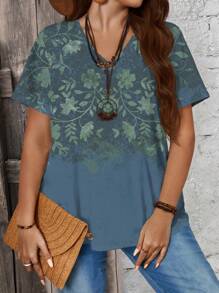 EMERY ROSE Summer Casual Vintage Pattern V-Neck Fitted Plus Size Women T-Shirt