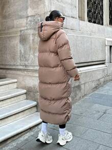 EURMUSE Contrast Zip And Puller Detailed, Keep Warming Feature Long Line Puffer Winter Coat - Mocha Brown - View 2