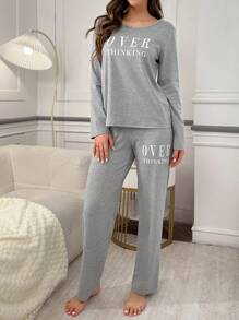 字母印花长袖睡衣套装，秋冬舒适优雅细节 - 灰色 - 查看 4