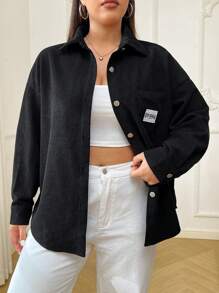 SHEIN EZwear 大码女式黑色灯芯绒外套，秋冬款 - 黑色 - 查看 3