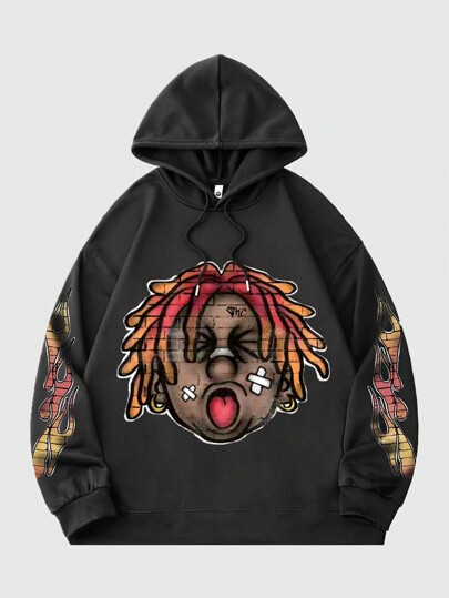 Street Life Men's Graphic Portrait Print Hooded Sweatshirt, Retro Street Style