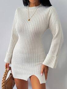 Chiquease Solid Color Crew Neck Long Sleeve Simple Knit Sweater Dress, Casual Everyday Wear Fall Cloth For Women - White - View 5
