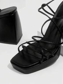 CUCCOO SZL 女士系带粗跟凉鞋春夏季度假鞋夏季性感派对坏蛋时尚别致华丽风格万圣节情人节 - 黑色 - 查看 3