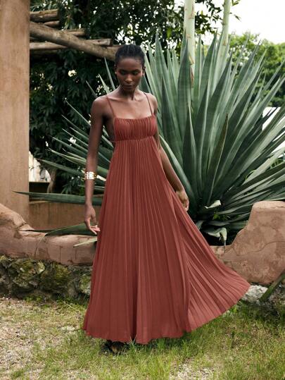 Maija Vestido Vermelho Tijolo Feminino, Roupa de Férias de Verão, Vestido de Praia Sólido Boêmio Moderno de Resort, Vestido Plissado Sem Mangas Minimalista