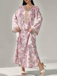 Al Najma Vestido largo con estampado floral, parche de ganchillo, manga larga, elegante y modesto en forma de línea A, vestido tipo kaftan y jalabiya, para fiesta de noche/invitado de boda/aniversario/uso diario