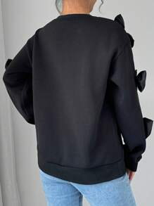 Chiquease Women Oversized Bow Decor Drop Shoulder Sweatshirt - Black - View 2