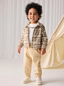 Cozy Pixies 3pcs Baby Boy's Colorful Plaid Contrast Collar Short Sleeve Cardigan, Soft Knit Short Sleeve T-Shirt And Pants Set