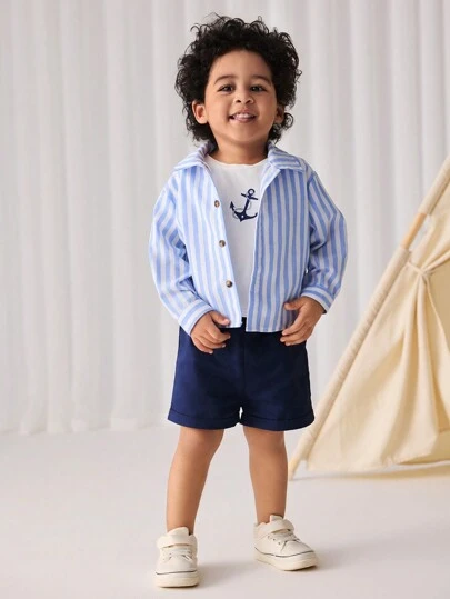 Cozy Pixies 3 件装男婴锚图案针织柔软圆领短袖上衣、条纹开衫和休闲短裤套装