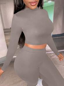 Slaydiva Bộ đồ bó hai mảnh tập yoga và áo thun croptop màu trơn - Màu Xám nhạt - Xem 9